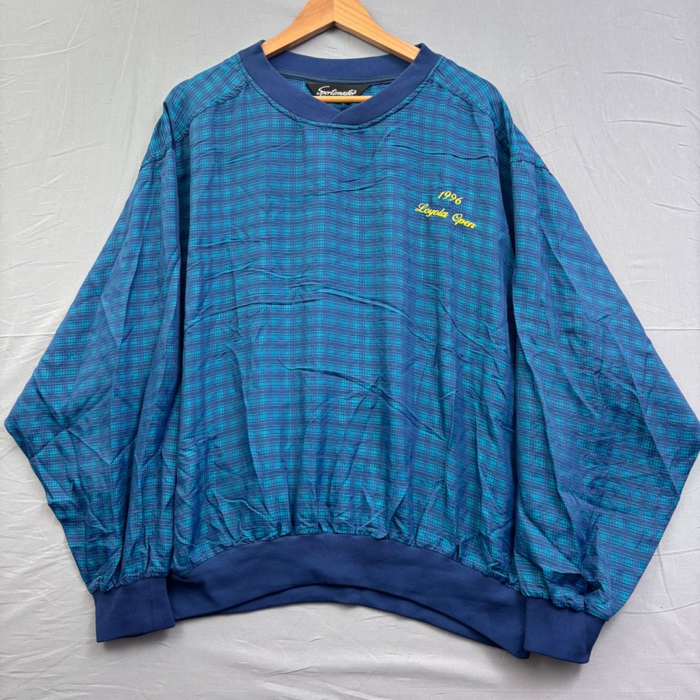 Vintage Sportsmaster 96' Loyola Open Windbreaker Pullover Blue Plaid Mens XL USA